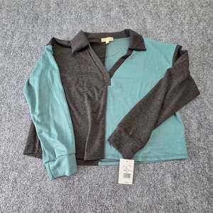 Moa Moa Womens L Colorblock Collared Pullover Top Teal Gray Long Sleeve NWT
